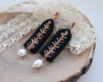 Embroidered black flower earrings with pearl, art nouveau feminine dangles as mom gift