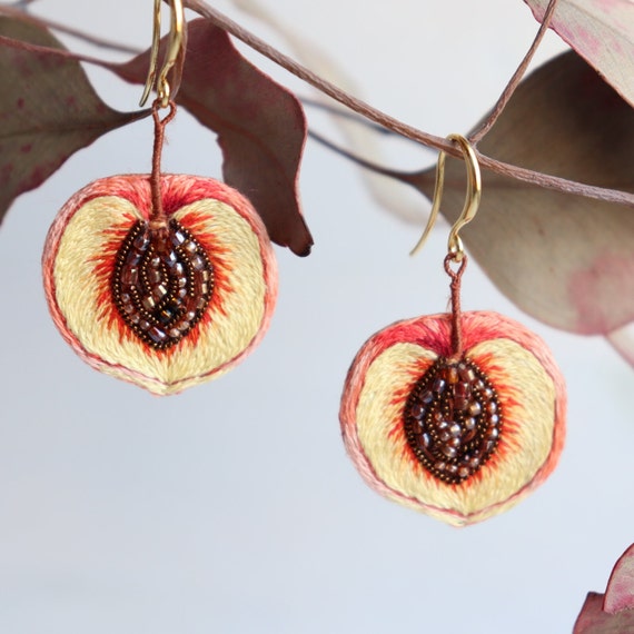 Embroider apricot earrings, bead peach fruit earrings as miniature food gift