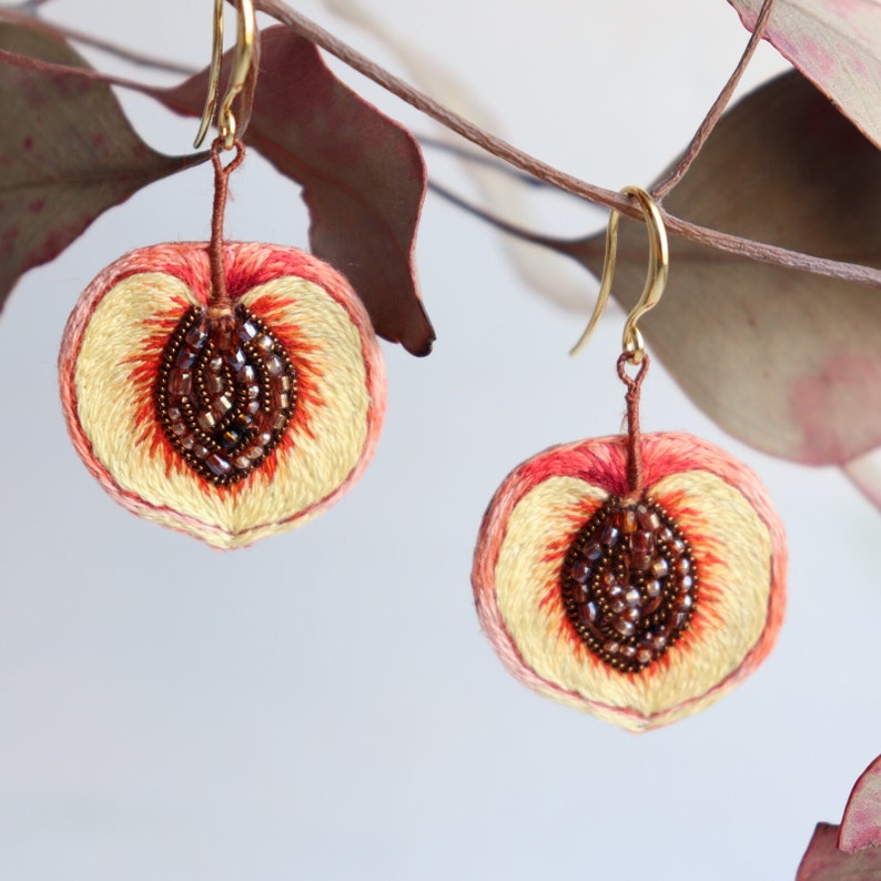 Peach fruit earrings, hand embroidered and beaded