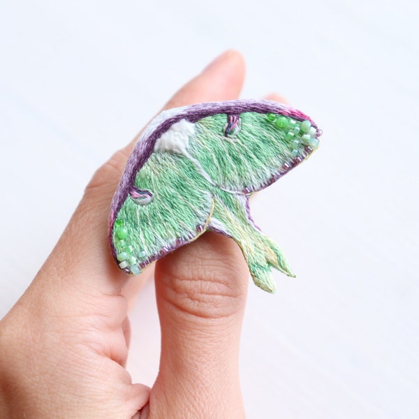 Luna moth brooch embroidery, beaded insect brooch pin