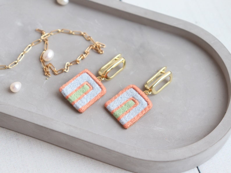 Embroidered arch earrings, pastel rainbow abstract arc earrings as minimalist modern jewelry image 1