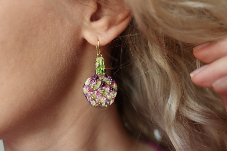 Food artichoke earrings embroidery, beaded green vegetable jewelry as fun gardener gift image 6
