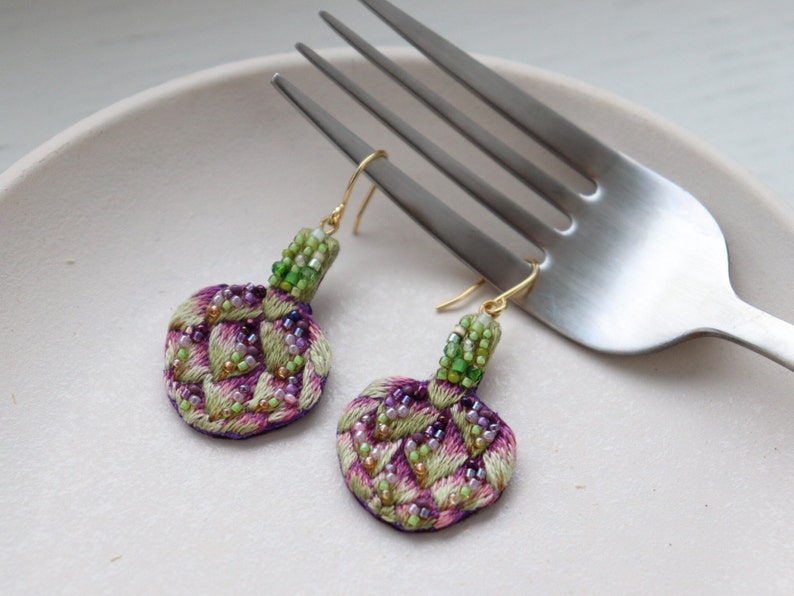 Food artichoke earrings embroidery, beaded green vegetable jewelry as fun gardener gift image 3