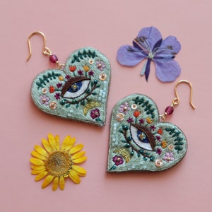 Weird Evil eye heart earrings, floral large embroidered heart jewelry image 7