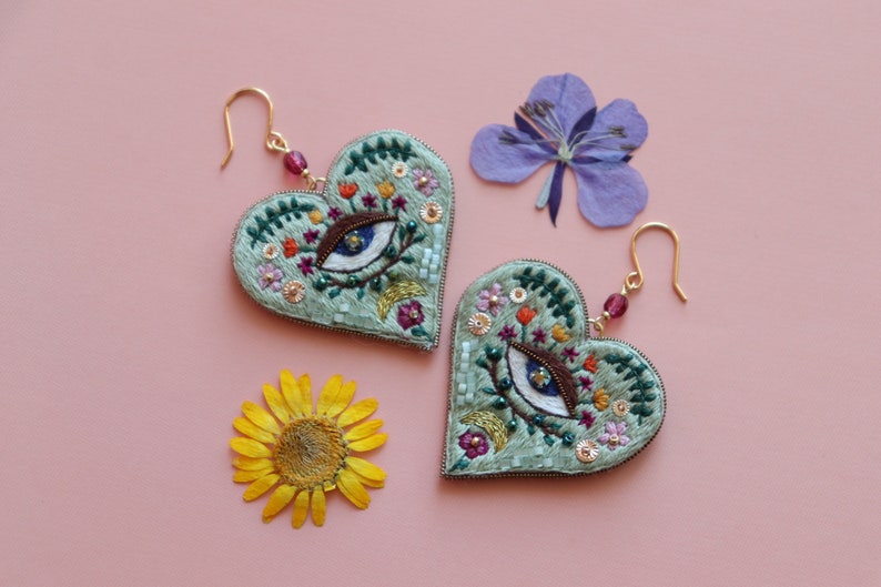 Weird Evil eye heart earrings, floral large embroidered heart jewelry image 7