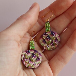 Food artichoke earrings embroidery, beaded green vegetable jewelry as fun gardener gift image 10