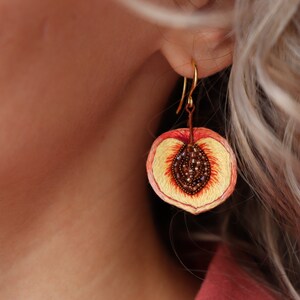 Embroider apricot earrings, bead peach fruit earrings as miniature food gift image 8