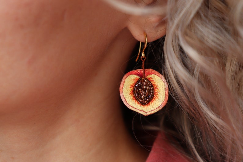 Embroider apricot earrings, bead peach fruit earrings as miniature food gift image 8