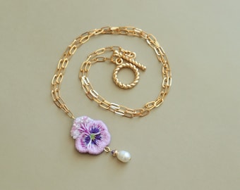 Pansy flower necklace, dainty pansy jewelry , beaded embroidered plant necklace.