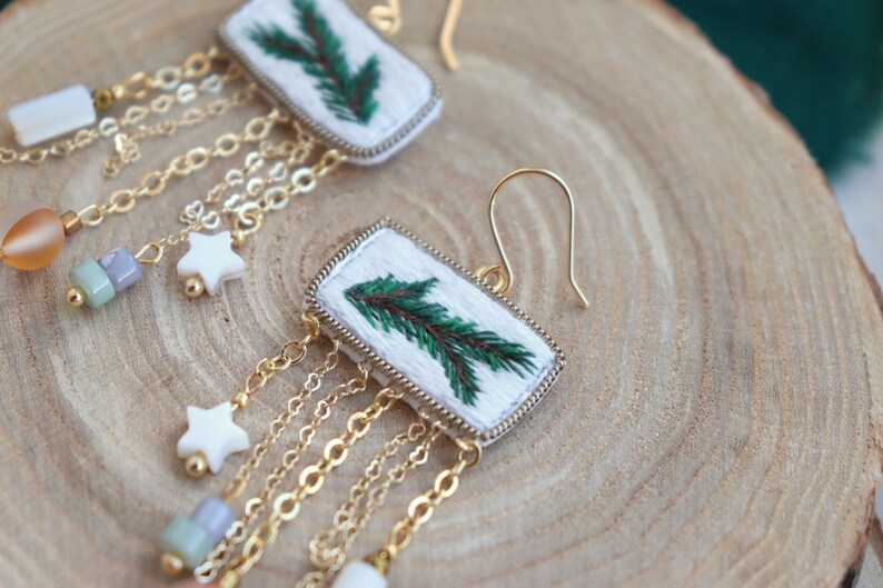 Chandelier Christmas tree earrings with dangly crystal, artisan handmade holiday festive earrings image 5