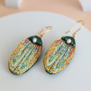 Beaded embroidery beetle bug earrings, gold and dangle insect earrings as nature lover gift