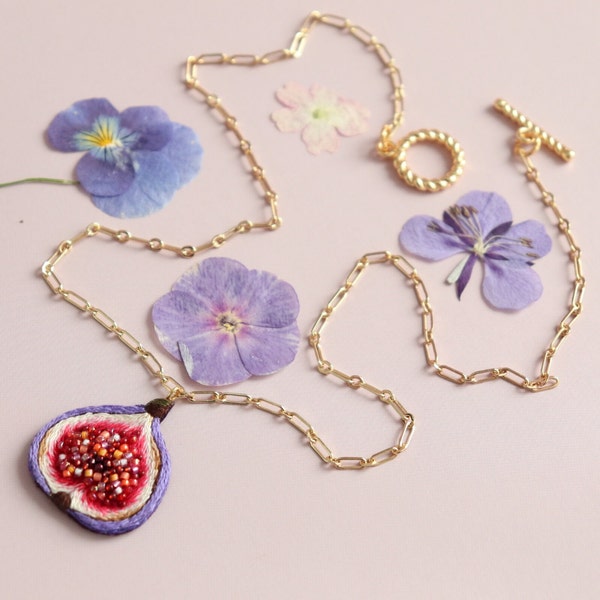Fig fruit necklace, dainty fig jewelry, beaded embroidered plant necklace