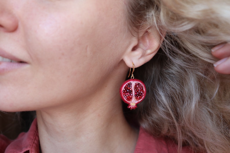 Bead pomegranate fruit earrings, embroidery food earrings as sister gift image 6