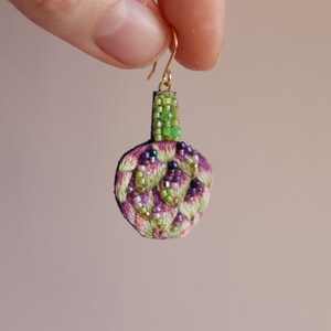 Food artichoke earrings embroidery, beaded green vegetable jewelry as fun gardener gift image 4