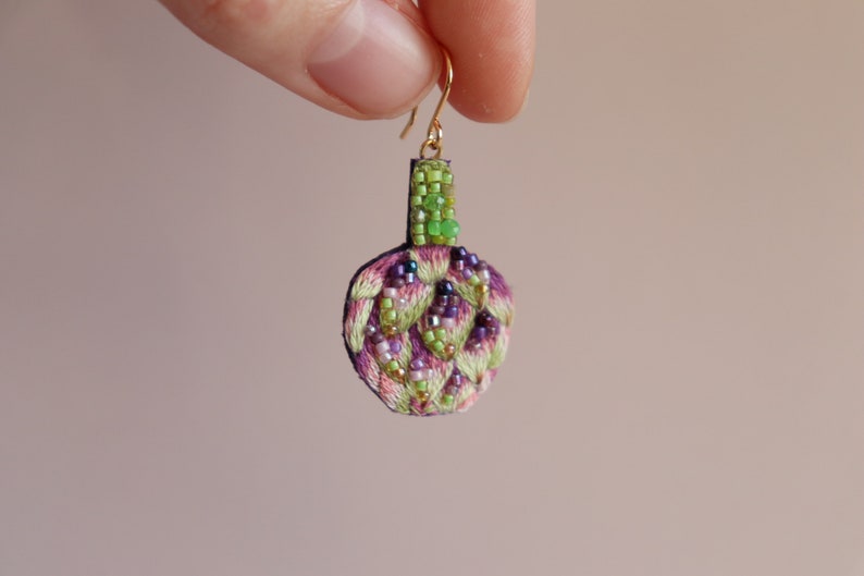 Food artichoke earrings embroidery, beaded green vegetable jewelry as fun gardener gift image 4