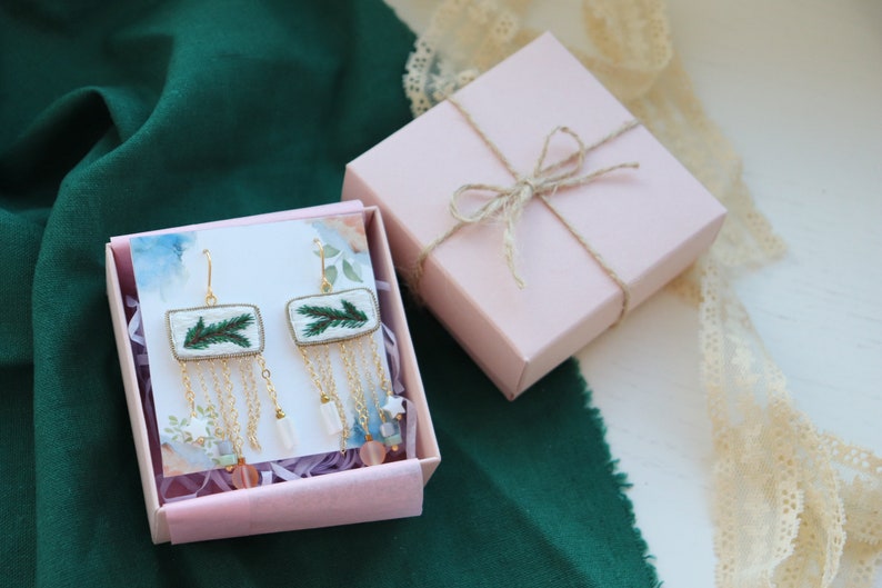 Chandelier Christmas tree earrings with dangly crystal, artisan handmade holiday festive earrings image 8