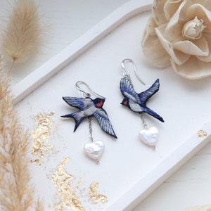 Swallow bird earrings embroidery with pearl heart as gift for girlfriend