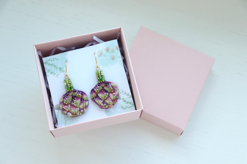 Food artichoke earrings embroidery, beaded green vegetable jewelry as fun gardener gift image 8
