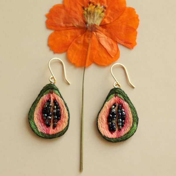 Papaya fruit earrings, embroidery food jewelry as cool gift for gardener