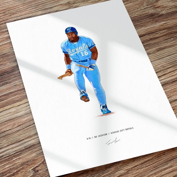 Bo Jackson v2 Breaks Bat Poster Kansas City Royals MLB Baseball Art Print