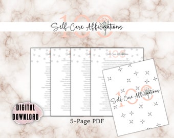 May include: A printable PDF document with 100 self-care affirmations. The document is divided into five pages with a floral design on the cover.