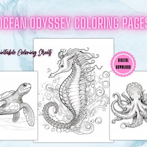 Ocean Odyssey, Ocean Coloring Book, Printable Pages, Adult Coloring Book, Coloring Book, Jellyfish, Seahorse, Octopus, Instant Download
