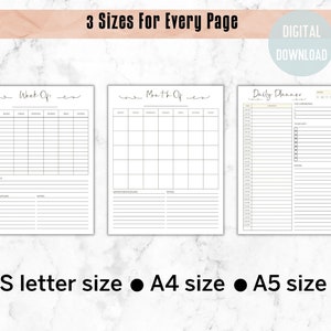 Puede incluir: Tres páginas de planificador imprimibles en tamaños US letter, A4 y A5. Las páginas son para la planificación semanal, mensual y diaria. Cada página tiene un diseño simple y minimalista con líneas negras y texto.