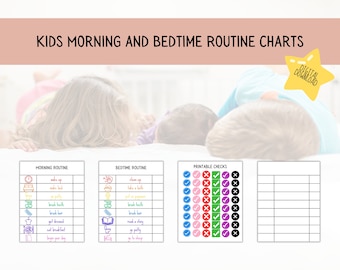 May include: Printable charts for kids to use as a visual aid for morning and bedtime routines. The charts feature colorful icons and text for activities like waking up, making the bed, brushing teeth, getting dressed, eating breakfast, cleaning up, taking a bath, putting on pajamas, brushing hair, reading a story, going potty, and going to sleep. The charts also include printable check boxes for tracking progress.