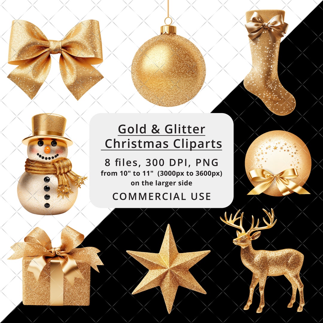 Gold Christmas, 8 PNG Clipart Bundle, Trendy Christmas PNG, Snowman