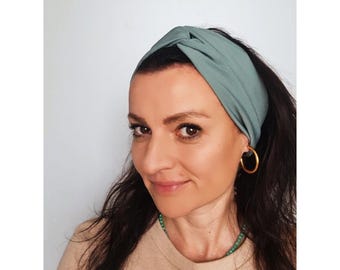 Boho green hair band, Wide soft twisted  green knot headband, Handmade recycled fabric  green hair accessory for women, Green spa turban