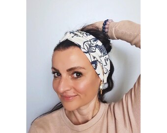 White wide cotton headband with flowers, Blue floral hair band, Yoga floral knot turban, Twisted cotton white headband, White hair accessory