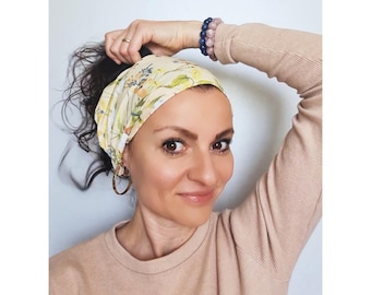Light yellow floral linen head scarf,  Linen floral head scarf, Gift, Yellow linen headscarves, Linen headband scarf, Linen spa headscarves