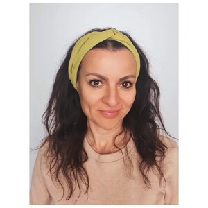 Soft yellow-green twisted knot headband, Wide boho hair accessory, Earthy tones & recycled fabric, Perfect gift for any occasion