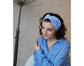Cotton white blue headband, Wide blue ornaments turban, Blue pattern hair band, Blue knot twisted hair accessory, White blue yoga head wrap