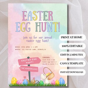 Ostereiersuche Einladen Frühlings-Geburtstags-Party-Karte Bearbeitbare Canva-Vorlage Evite Regenbogen-Häschen Kinder B-Day Kirche Ostersonntag Service Flyer