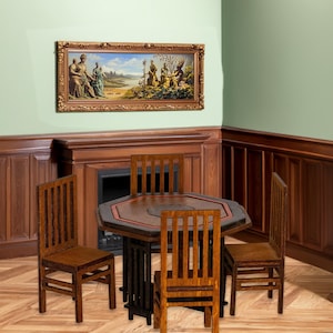 May include: A wooden octagonal table with four matching chairs. The table has a dark brown frame with a red border and a dark brown top. The chairs have vertical slats in the back. A framed painting hangs on the wall.