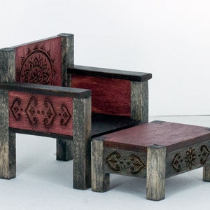 Miniature Cotemporary Chair with Ottoman - East Indies Engravings - Unfinished Kit