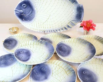 Sarreguemines, Francia - Magnífico servicio de pescado de mayólica, años 50