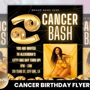 Cancer Birthday Flyer, Birthday Template, Birthday Girl, Party Flyer, Celebration Flyer, Birthday Event, Birthday Invite, Canva Template