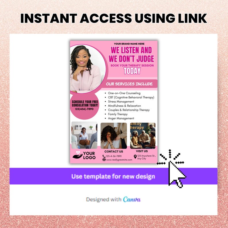 May include: Pink and white flyer with a photo of a woman smiling. The flyer advertises therapy services and includes the text "We listen and we don't judge."  The flyer also includes a phone number, website address, and a call to action to book a free consultation.