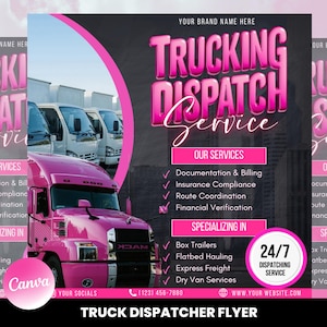 Puede incluir: Un folleto rosa y negro que anuncia servicios de despacho de camiones. El folleto presenta un camión semi-remolque rosa y el texto "Trucking Dispatch Service". El folleto enumera servicios como documentación y facturación, cumplimiento de seguros, coordinación de rutas y verificación financiera. El folleto también enumera especializaciones como remolques de caja, transporte de plataforma, flete expreso y servicios de furgonetas secas. El folleto incluye un número de teléfono y una dirección de sitio web para un servicio de despacho 24/7.