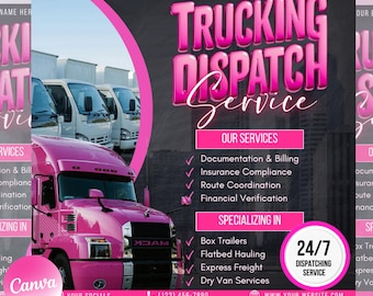 Op de afbeelding: Een roze en zwarte flyer die vrachtwagen dispatch-diensten adverteert. De flyer toont een roze vrachtwagen en de tekst "Trucking Dispatch Service". De flyer somt diensten op zoals documentatie en facturering, verzekeringsconformiteit, routecoördinatie en financiële verificatie. De flyer somt ook specialisaties op zoals box trailers, flatbed hauling, expressvracht en droge vandiensten. De flyer bevat een telefoonnummer en een website-adres voor een 24/7 dispatch-service.