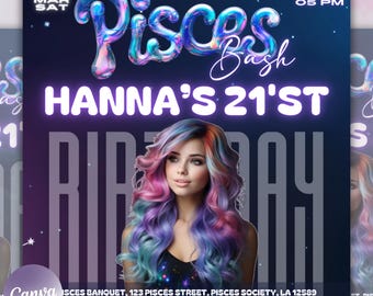 Pisces Birthday Flyer, Pisces Flyer, Birthday flyer, Pisces Bash Flyer, Bday Flyer, Birthday Event, Invitation Flyer, Canva Template