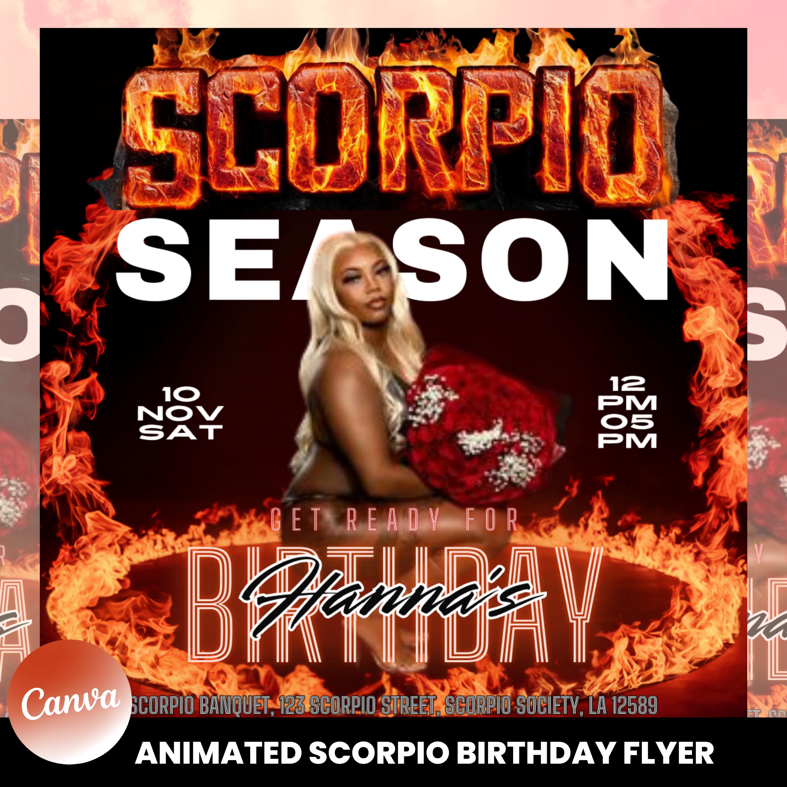 Animated Scorpio Birthday Flyer, Birthday Girl, Happy Birthday Flyer, Scorpio Season, Scorpio Party Flyer, Celebration Flyer, Canva Editable