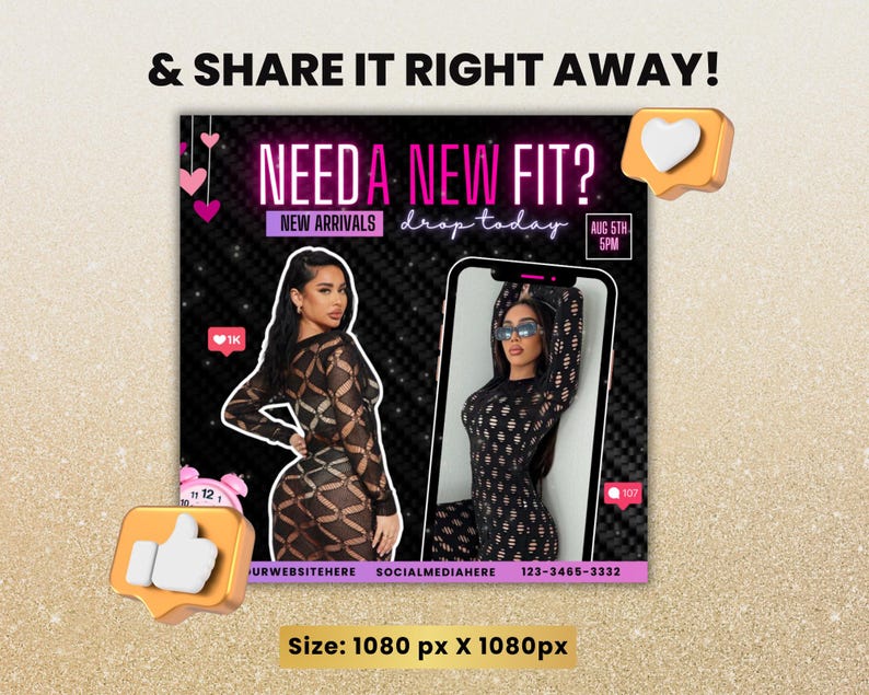 May include: A social media graphic with the text "Need a new fit?" and "New Arrivals drop today" with a black and white photo of a person wearing a black mesh dress. The graphic also includes a heart icon, a thumbs up icon, and a clock icon.
