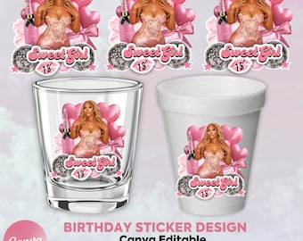 Pink Birthday Sticker, Styrofoam Cup Sticker, Shot Glass, All Zodiac Signs, T-Shirt Design, Canva Template, Instant Download