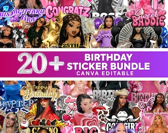 Bundel verjaardag ontwerpsjabloon, 20+ verjaardagssticker, stickers piepschuim beker, T-shirtontwerpen, bewerkbare roze cheetah, cowgirl, casino, Y2k-ontwerp