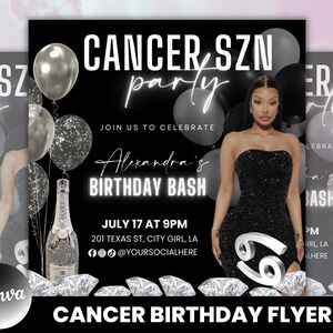 Cancer Birthday Flyer, Birthday Template, Birthday Girl, Party Flyer, Celebration Flyer, Birthday Event, Birthday Invite, Canva Template