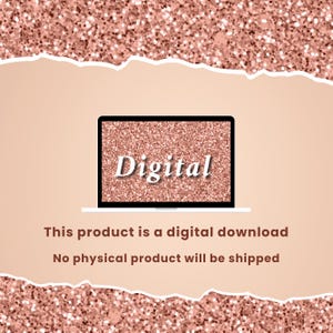 Puede incluir: Un gr&aacute;fico de descarga digital con una pantalla de computadora port&aacute;til que muestra la palabra "Digital" sobre un fondo de purpurina rosa. El texto "Este producto es una descarga digital. No se enviar&aacute; ning&uacute;n producto f&iacute;sico." est&aacute; debajo de la computadora port&aacute;til.