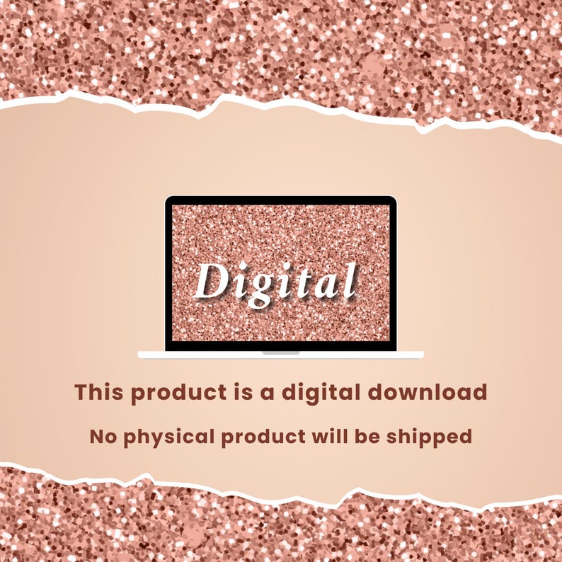 Puede incluir: Un gr&aacute;fico de descarga digital con una pantalla de computadora port&aacute;til que muestra la palabra "Digital" sobre un fondo de purpurina rosa. El texto "Este producto es una descarga digital. No se enviar&aacute; ning&uacute;n producto f&iacute;sico." est&aacute; debajo de la computadora port&aacute;til.